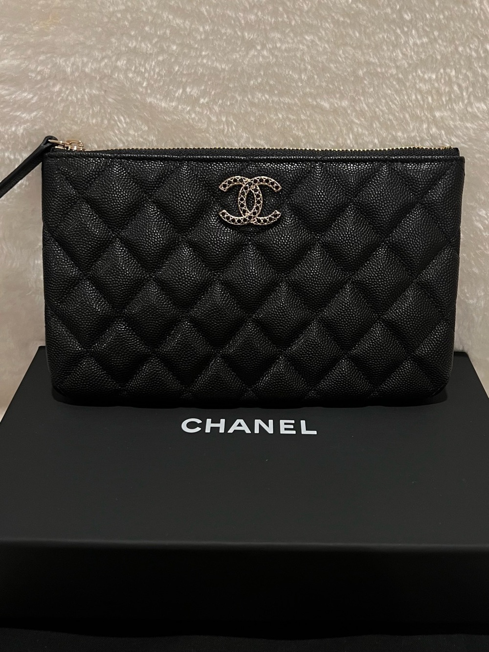 Chanel Crystal CC Logo Black Quilted Caviar Pouch (2023)